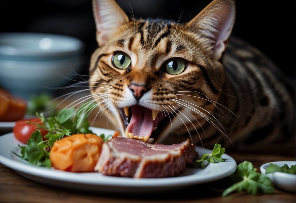 a bengal about to bite into raw steak