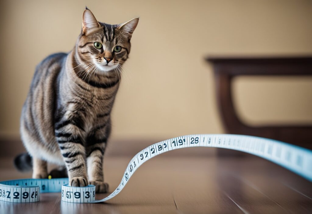 tall cat with her paw on measuring tape